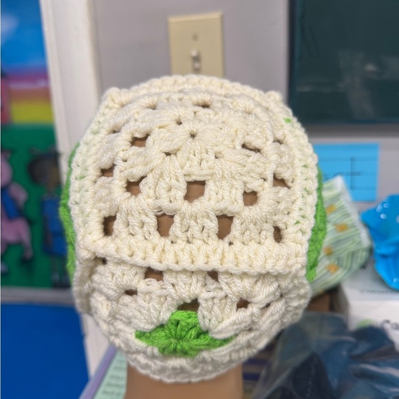 Cream & Green Crochet Beanie Hat made to order - Picture 4 of 8